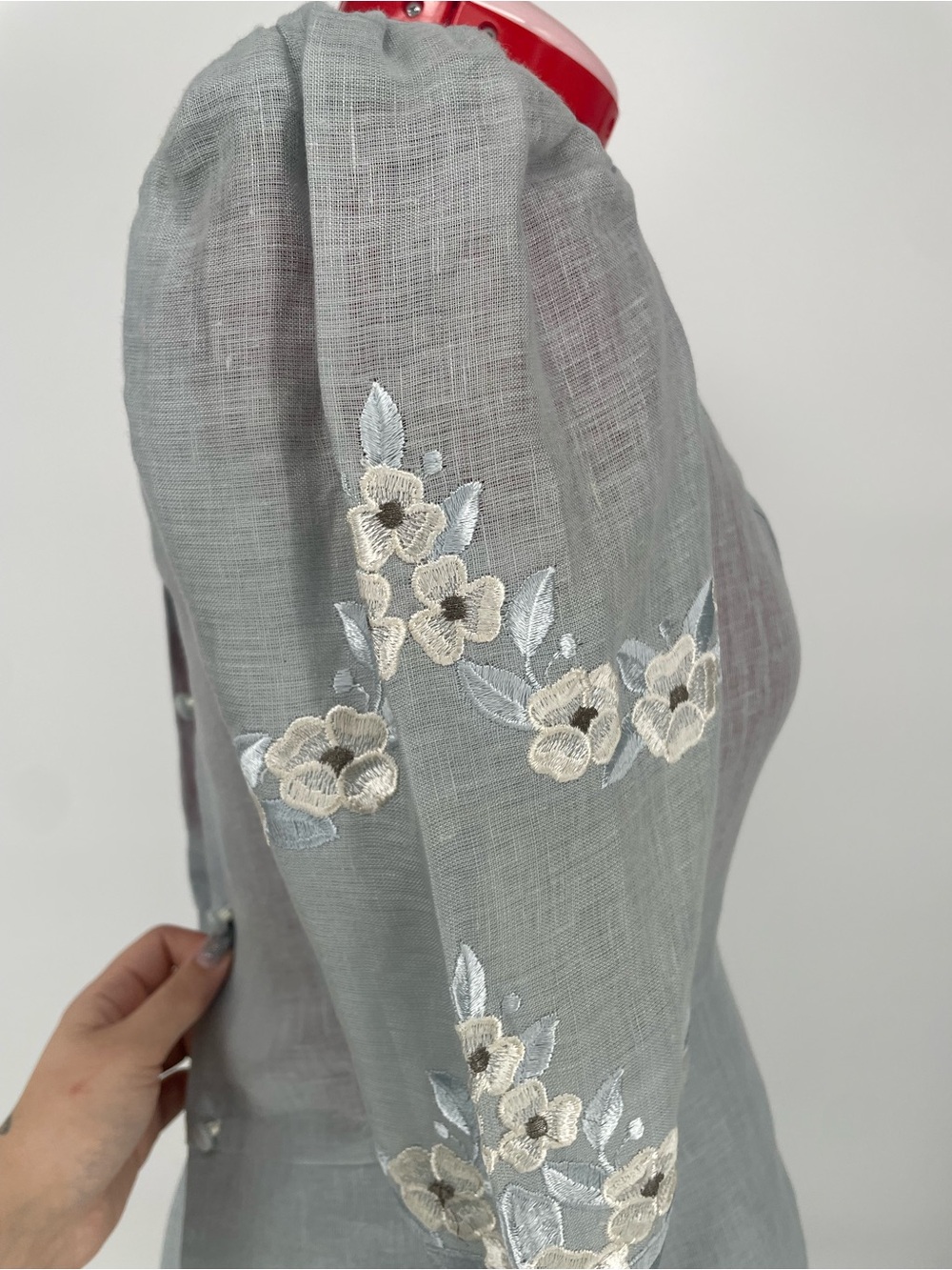 100% Linen 80s Slate Gray Blue 2 Piece Skirt Set Cottagecore Floral Embroidery - Picture 5 of 14